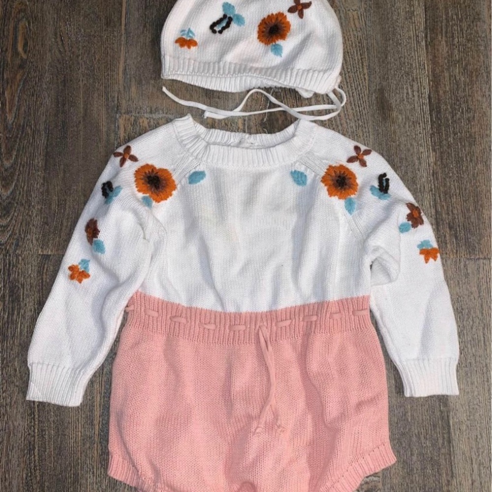 9month Knit and Embroidered Outfit and Bonnet